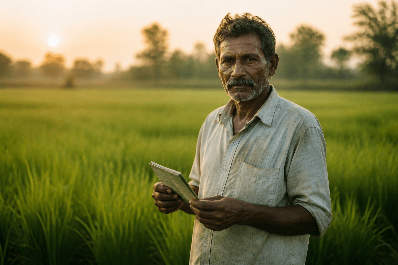 A farmer standing in a paddy field at dusk