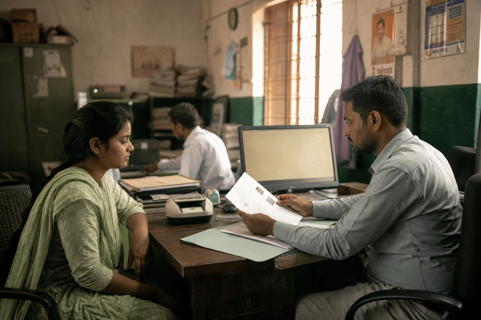 A citizen speaking with a help-desk officer in a small-town office